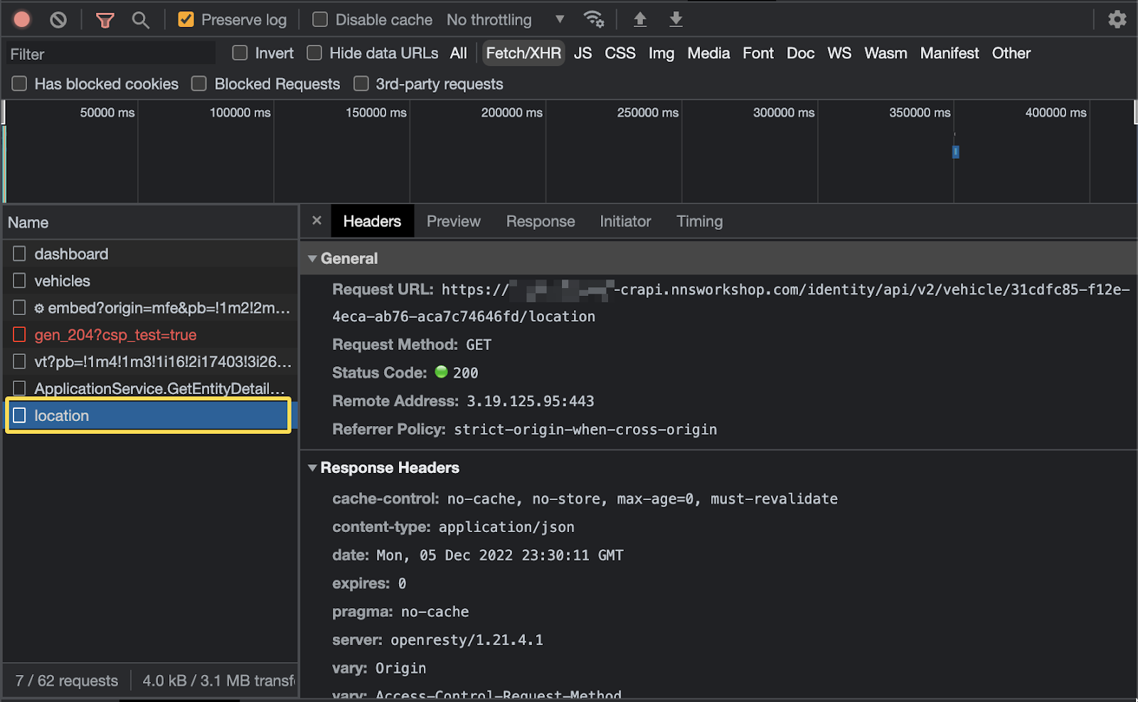 Screenshot of inspection of location API headers
